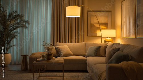 A cozy living room with a beige sectional sofa and warm lighting at night