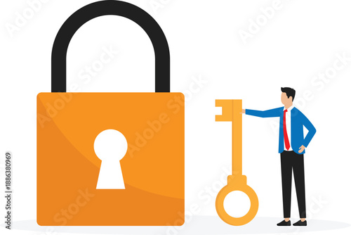 Golden key to unlock and solve business problems, professional to give solutions, success business key or unlock business key concept
