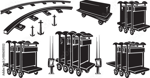 Set of various dolly track systems and carts illustration