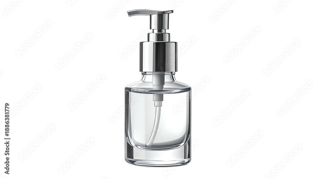 Obraz premium A clear glass pump bottle with liquid inside, reflecting light against a black backdrop