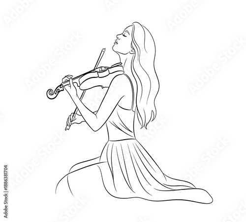 A graceful woman is depicted playing the violin in a delicate line art illustration