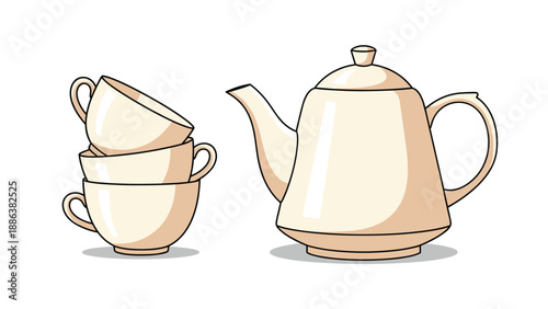 Elegant set of ceramic kitchenware includes a stack of three matching teacups next to a large teapot in a soft cream color.