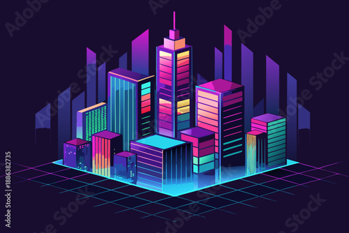 Futuristic cityscape with neon colors and grid floor skyscrapers