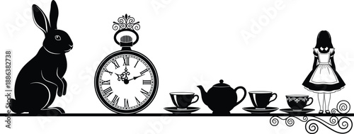 Whimsical Alice in Wonderland Silhouette Illustration Featuring White Rabbit Pocket Watch Teapot and Teacups with Girl Character for Fairytale Storybook Decorative Graphic Design