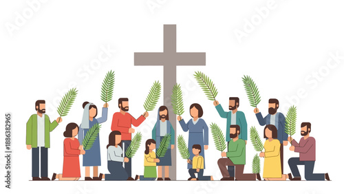 Diverse Group of People Praying Near Cross.