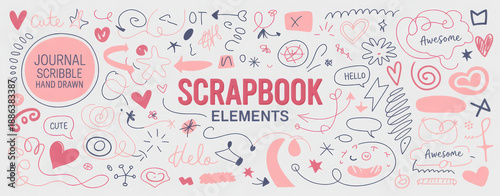 Pink doodle scribble scrapbook vector elements collection. Crayon drawn girly scribbles for journaling, hand drawn zine design, daily planner and diary. Sketch handdrawn stickers with grunge texture