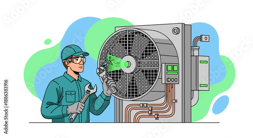 HVAC technician performing maintenance on a large industrial fan unit.
