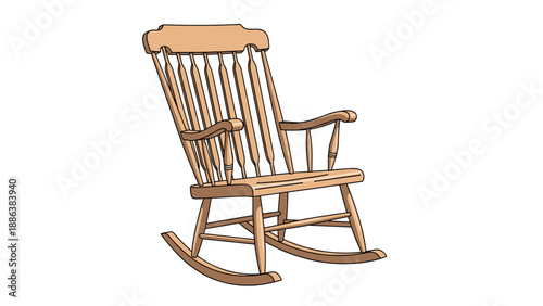 Classic wooden rocking chair is depicted in a detailed illustration showing its traditional spindle back and curved runners.