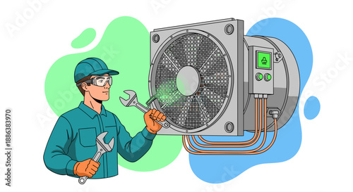 Mechanic repairing large industrial fan with tools.