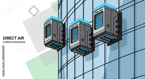 Three modern air conditioning units mounted on a glass building facade.