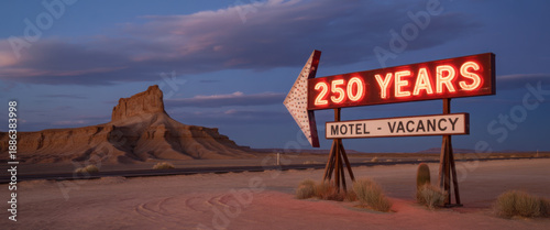 Cinematic vintage neon motel sign in a desert landscape at twilight, glowing with the text 