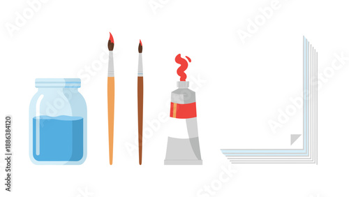 Artist work space includes essential supplies like a glass jar of water, paint brushes, a tube of red paint, and paper sheets.