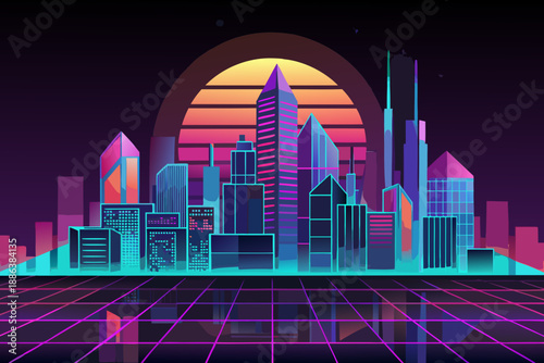 Futuristic cityscape with neon lights at sunset skyscrapers grid floor