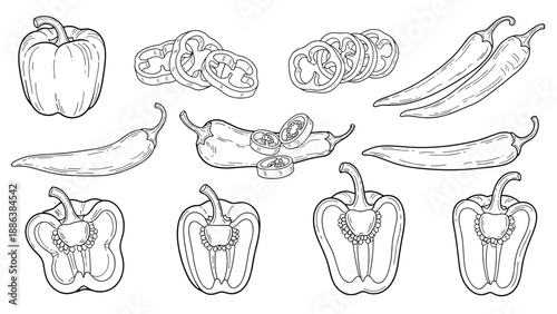 Collection of black and white line art drawings features various peppers including bell peppers and chilies, whole and sliced.