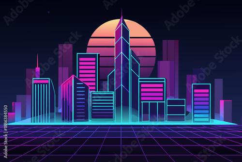 Neon lit futuristic cityscape with purple and blue skyscrapers at sunset