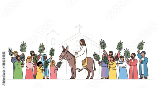 Jesus Riding Horse with Palm Branches Crowd.