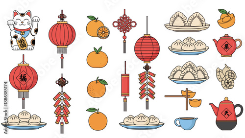 Traditional Chinese New Year icons set includes a lucky cat, red lanterns, tangerines, dumplings, firecrackers.