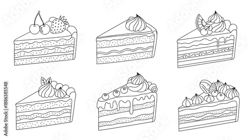 Collection of various cake slices decorated with different fruits and cream toppings presented in detailed black and white line art.