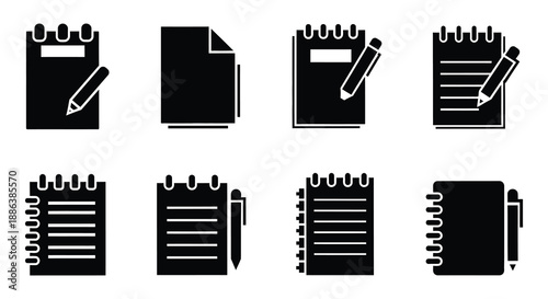 Collection of black notepad and pencil icons in various arrangements