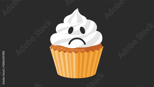 Simple illustration of a single cupcake with brown cake base and white frosting having a sad frowning face on a dark grey background.