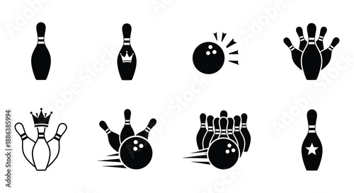 Black and white bowling icons set pins balls and related elements