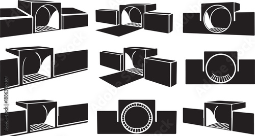 Black and white architectural cutaway section illustrations set