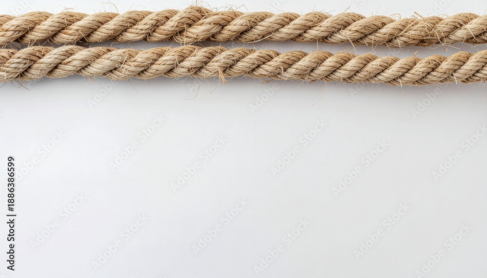 Fototapeta premium Two Thick Braided Ropes on White Background, Nautical Texture, Copy Space.