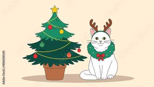 Festive white cat wearing a green wreath collar and reindeer antlers sitting calmly next to a decorated Christmas tree in a brown pot.