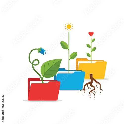 Illustration of three colorful folders with growing plants, symbolizing data organization, idea development, and nurturing information with roots.