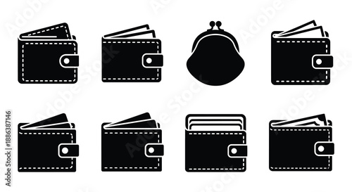 Black and white illustrations of various wallet styles and card holders