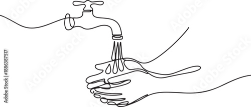 Continuous line drawing of washing hand with water faucet. one line Art icon drawing vector
