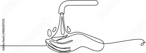 Continuous line drawing of washing hand with water faucet. one line Art icon drawing vector