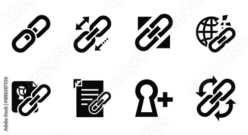 Black and white icons depicting chains links globes and various symbols