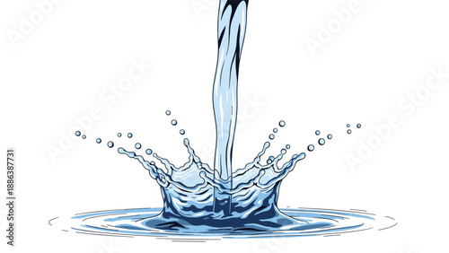 Detailed illustration of water being poured from above creating a large splash with droplets on a clean white background.