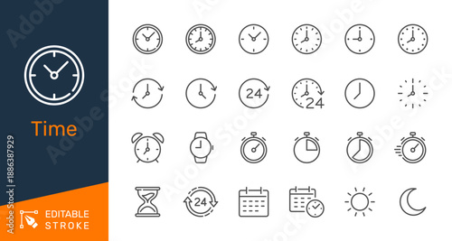Time thin line icon collection for scheduling, productivity and time management concept. Editable stroke. Pixel perfect.