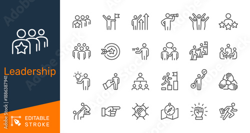 Leadership thin line icon collection for teamwork, management, motivation and success concept. Editable stroke. Pixel perfect.