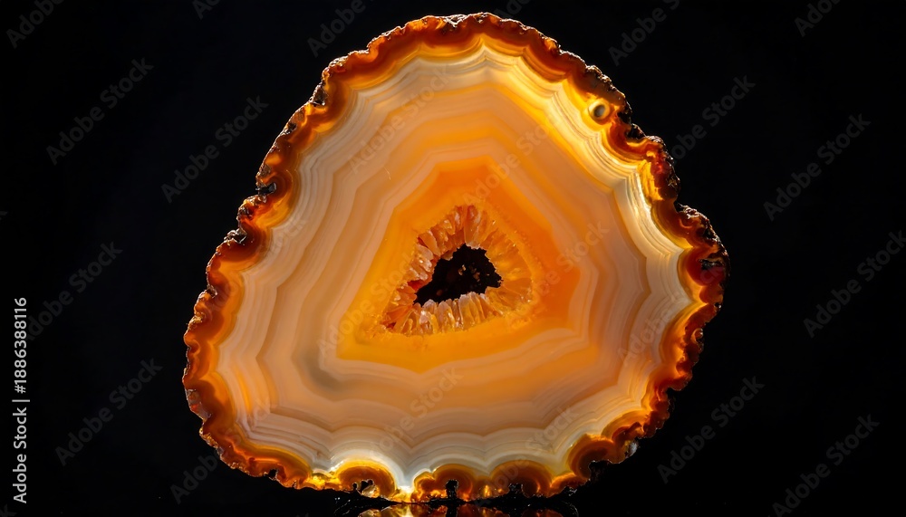 Obraz premium Slice of banded agate featuring light, golden and orange layers, with a dark center cave, set on black background