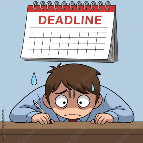A stressed person working under a looming deadline, feeling anxious and pressured.