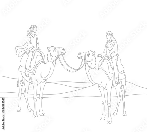 Two people riding camels across a desert landscape depicted in a simple line drawing style