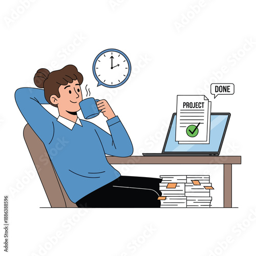 Man relaxing after successfully completing a project, enjoying a coffee break at his desk with a laptop and stack of papers.
