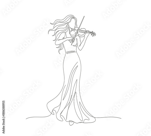 Elegant line art depicting a woman gracefully playing the violin in a flowing dress