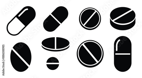 Assorted black pill and tablet icons representing pharmaceutical medications and healthcare