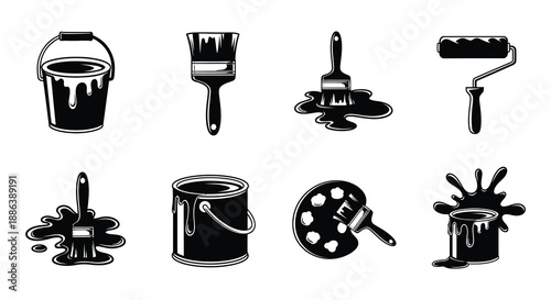 Painting tools and supplies collection brushes rollers and paint containers shown