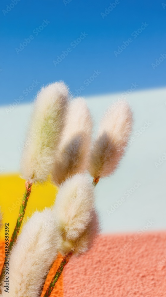 Fototapeta premium Fluffy White Grass Plumes with Feathery Foliage Set Against a Colorful Abstract Background and Blue Sky for Minimalist Botanical Design and Naturalistic Art