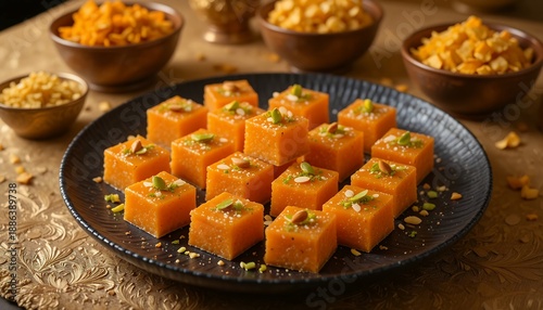 Mango burfi squares with pistachio garnish on plate