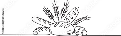 Bakery products with wheat ear in continuous line art drawing style. one line Art icon drawing vector