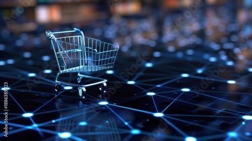 Wallpaper Mural Metal Shopping Cart on Digital Network Background with Glowing Connections and Abstract Art Design for E-commerce Visuals Torontodigital.ca