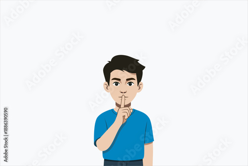 Flat vector illustration of a young man making a silence gesture with finger on lips, quiet sign concept, secrecy, confidentiality, minimal modern style isolated.