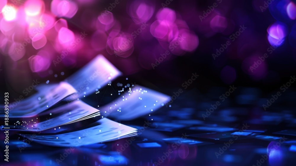 Obraz premium Abstract Close-Up of Floating Transparent Sheets with Bokeh Light Background in Vibrant Colors