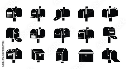 Collection of black silhouette mailboxes in various styles and designs